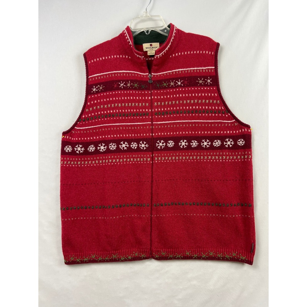 Woolrich Sweater Vest Womens 2XL Red Fair Isle Snowflake Wool Full Zip 9553